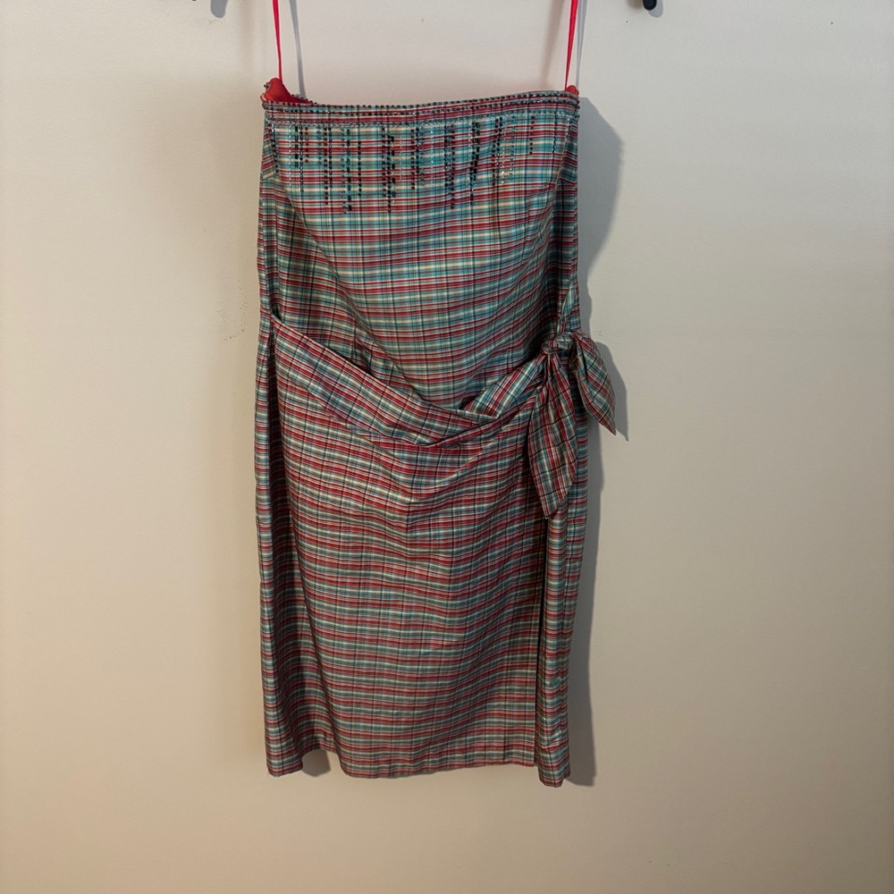 Kay Unger Silk Bold Red Plaid Strapless Dress